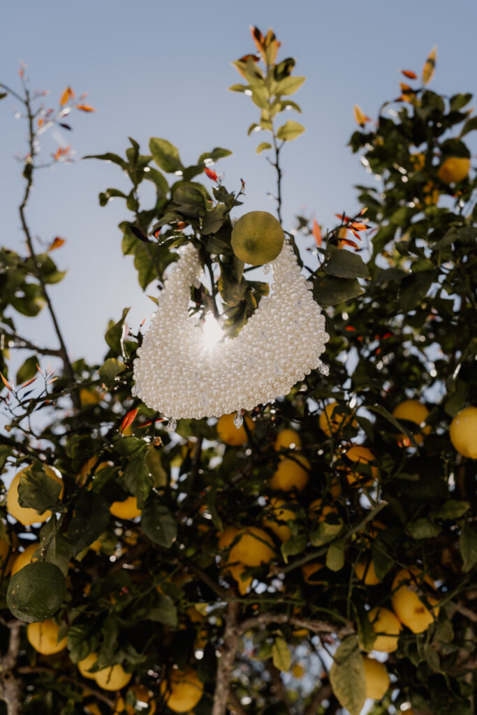 Elegante Brauttasche mit Perlen-Design hängt zwischen sonnengelben Zitronen im Baum – Hochzeitsdetail auf Ibiza