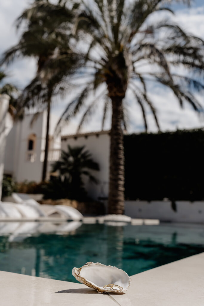 Muschel mit Eheringen vor einem mediterranen Setting mit Palme und Pool – Hochzeitsdetail einer Ibiza Destination Wedding