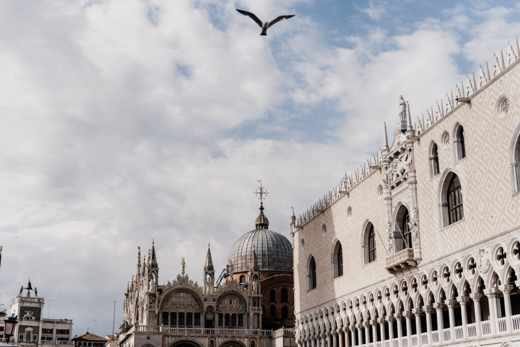 Architekturbild des Dogenpalasts und Markusdom Venedig, Vogel fliegt vorbei
